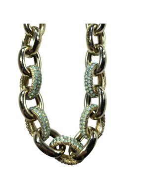 Mythologie Gold-Tone Chain Link Necklace Aqua Rhinestone Statement Chunky